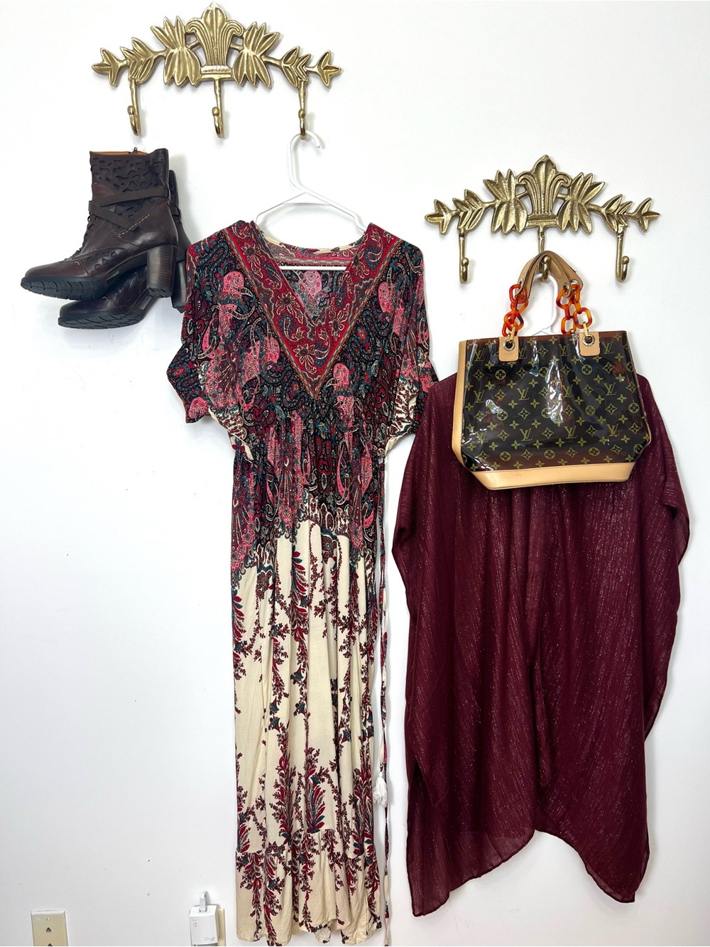 Boho Floral Maxi Dress in Burgundy and Cream - Stylish Women’s Dress S ptp 19”